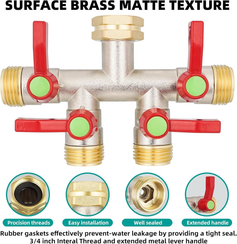 DINGBAI Hose Splitter 4 Way, High Flow Garden Hose Splitter, 3/4” Ght Inlet Brass Heavy Duty Hose Converter, Full Flow water 4 Way Faucet hose splitter, Long Handle Hose Valve Large Outlet. - Image 2